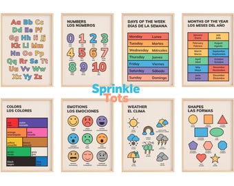 8 Bilingual Spanish Educational Poster, Spanish Learning Posters,  Digital Download | Printable Educational Wall Art for Kids