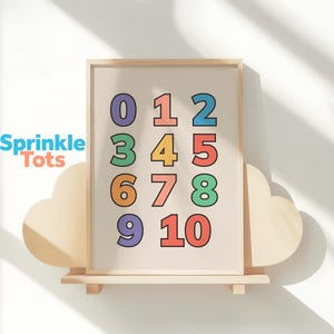 May include: A framed print featuring the numbers 0 through 10 in various colors. The numbers are displayed on a cream-colored background. The print is displayed on a wooden shelf with cloud-shaped accents. The brand name "Sprinkle Tots" is visible.