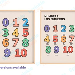 May include: Two framed prints with numbers 0-10 in various colors. One print displays numbers only, while the other includes number words in English and Spanish. The prints are in a light beige color with a wooden frame.