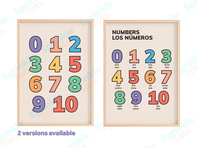 May include: Two framed prints with numbers 0-10 in various colors. One print displays numbers only, while the other includes number words in English and Spanish. The prints are in a light beige color with a wooden frame.
