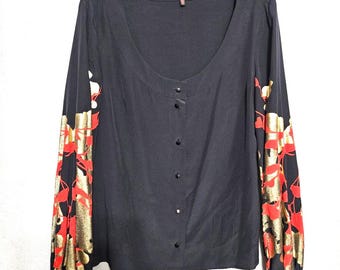 Escada Silk Charmeuse Blouse 42 (12/LG) Red & Gold Lame' Bishop Balloon Sleeves