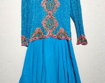 Silk Fantasy Beaded Cocktail Evening Dress: VTG 90s/Turquoise Silk/Pink & Gold Lavishly Beaded/Special Occasion/Adrianna Papell - Size 6