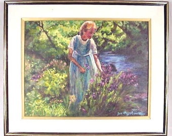 HER GARDEN of EDEN, Superb Original Oil Painting by Artist Jan Prytowsky: Exquisite Colors/ Signed & Inscribed/ Custom Framed