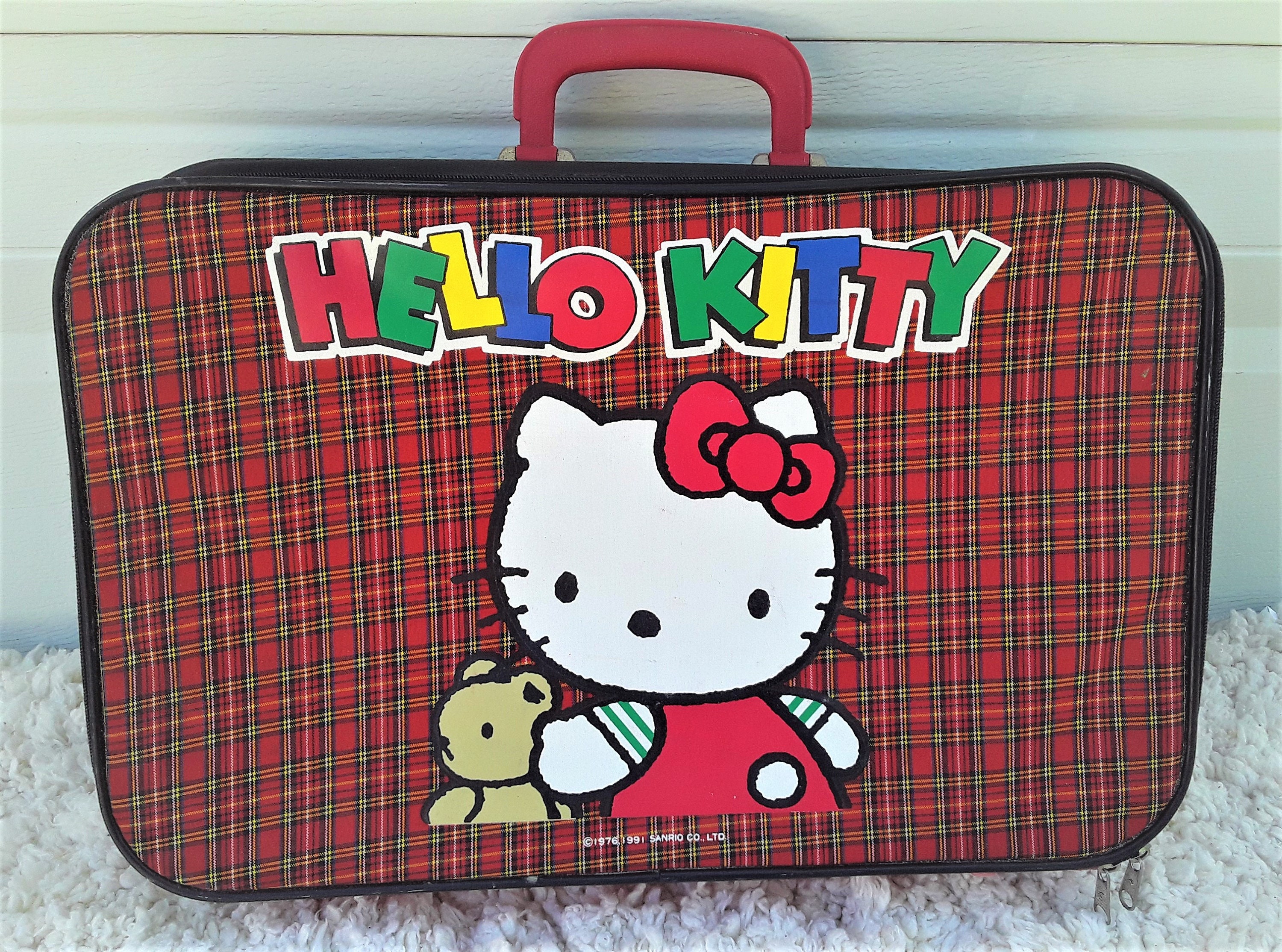 Hello Kitty Rare 1991 Child's Suitcase Luggage: Red Plaid Zippered