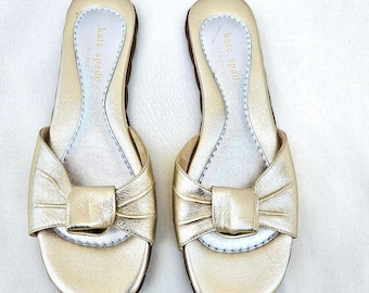 Kate Spade Love Knot Slide Sandals/Mules: Gold Leather Comfort Soles Made in Italy Sz 6B
