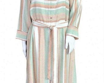 Soft Surroundings Cool Linen Lovely Striped Belted Maxi Dress Size Large/ Button Front Full Flowing Skirt All Occasion Perfect Summer Dress