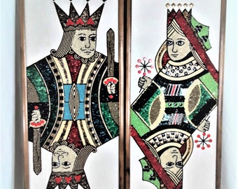 Mid Century King and Queen 1960s Gravel Art Wall Hangings Wall Picture Set/ 36"T EXC. COND.