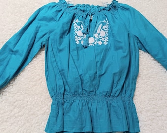 Turquoise Boho Hippie Embroidered Linen Peasant Blouse Sz M Excellent Condition