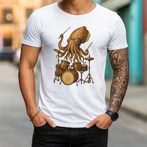 Octopus Drummer Shirt, Rock n Roll Band Tee for Musicians, Band T-Shirt, Funny Octopus Playing Drums, Unisex Drummer Gift Tops, drum player