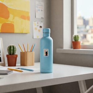 Puede incluir: Una botella de agua aislada de color azul claro con una tapa plateada. Una pegatina con una figura negra en un entorno rojo y verde est&aacute; adherida a la botella. La botella est&aacute; sobre un escritorio blanco, con un cactus y l&aacute;pices en el fondo.
