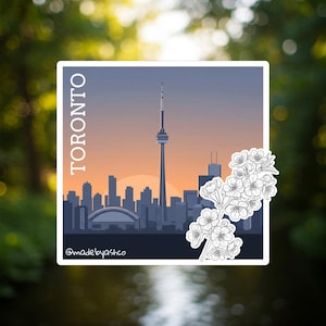 Adesivo do horizonte de Toronto | Torre CN e flores de cerejeira | Adesivo de vinil à prova d'água | Laptop, garrafa de água, presente de viagem | 2,5"