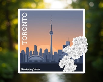 Toronto Skyline Sticker | CN Tower & Cherry Blossoms | Waterproof Vinyl Decal | Laptop, Water Bottle, Travel Gift | 2.5"