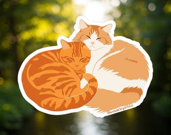 Two Cuddling Cats Vinyl Sticker | Orange Tabby & Fluffy Cat | Waterproof Vinyl Decal | Laptop, Water Bottle, Planner Sticker | Cute Cat Gift