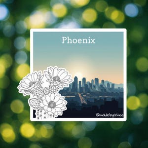 Sticker Phoenix AZ | Saguaro-cactusbloem | Vinyl sticker stad skyline | Waterdichte matte sticker
