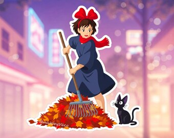 Kiki's Delivery Service Autumn Sticker | Jiji Black Cat | Studio Ghibli Vinyl Decal | Waterproof Laptop Sticker