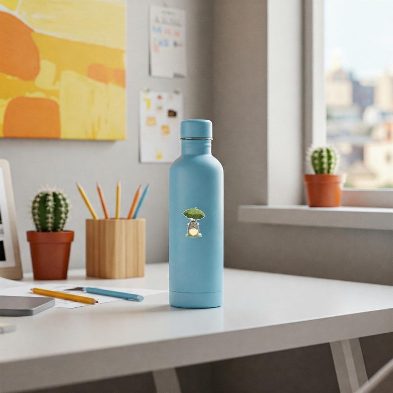 May include: A light blue water bottle with a silver cap. A sticker of a cartoon character holding a green umbrella is on the bottle. The bottle is on a white desk with a cactus and pencils in the background.