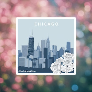 Adesivo impermeável para o horizonte de Chicago - Adesivo de vinil fosco - Flores de Chicago - Adesivo para laptop Hydroflask - Fabricado pela Ash Co