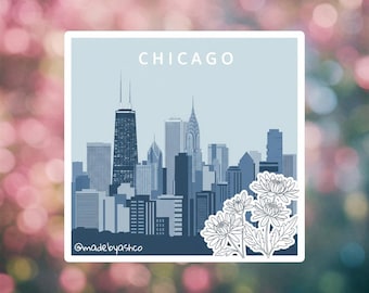 Waterproof Chicago Skyline Sticker - Matte Vinyl Decal - Chicago Flowers - Laptop Hydroflask Sticker - Made by Ash Co