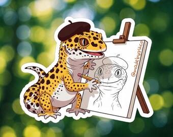 Leopard Gecko Artist Waterproof Sticker | Cute Lizard Painter Decal | Laptop, Hydroflask, Journal, Reptile Lover Gift | 2.5 inch