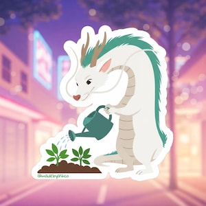 Spirited Away Haku Sticker | Cute Dragon Watering Plants | Waterproof Matte Vinyl Decal | Anime Gift | Gardening Sticker