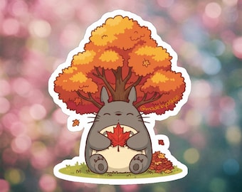 Cute Totoro Fall Foliage Sticker | Waterproof Vinyl Decal | Autumn Leaves Anime | Laptop Water Bottle Car Sticker | Studio Ghibli Inspired