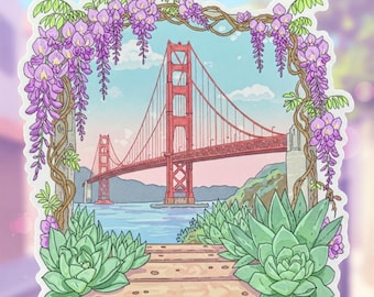 San Francisco Golden Gate Bridge Wisteria Sticker | Waterproof Decal | Laptop Water Bottle Car Sticker | Gift Idea