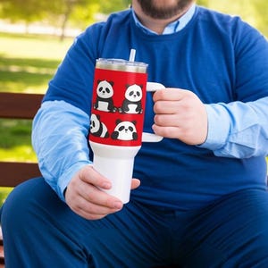 Cute Panda 40oz Tumbler - Insulated Travel Mug for Cold & Hot Drinks - Kawaii Animal Lover Gift - Reusable Stainless Steel Cup with Straw