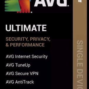 以下が含まれることがあります： AVGのロゴと「ULTIMATE」の文字が入った黒い製品ボックス。インターネットセキュリティ、TuneUp、Secure VPN、AntiTrackなどの機能が記載されています。このボックスは単一のデバイス用です。