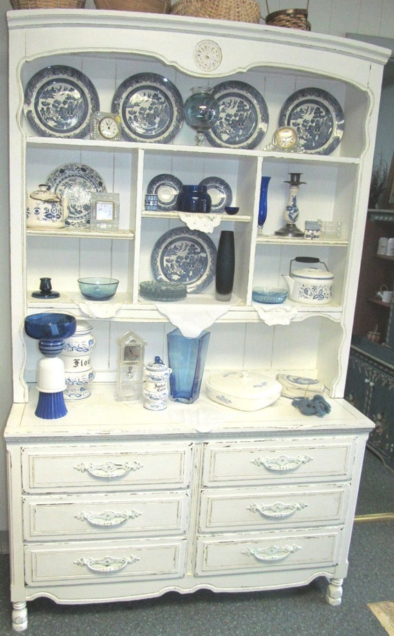 Vintage White Shabby Chic Kitchen Dining Room Hutch Cabinet Dresser Distressed Refinished Whagn