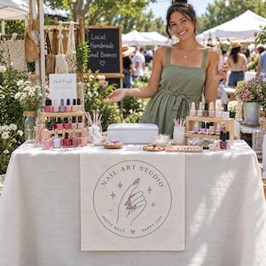May include: A white table runner featuring a circular logo with the text NAIL ART STUDIO, PRETTY NAILS, HAPPY YOU, and an illustration of a hand with manicured nails. The table displays multiple small glass bottles of nail polish.
