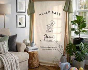 Custom Baby Shower Sign, Fabric Baby Shower Welcome Sign, Hello Baby Backdrop, Neutral Baby Shower Decorations,Oh Baby Welcome Sign