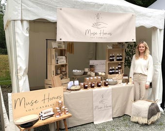 Custom Logo Table Runner for Craft Fairs | Natural Linen Business Banner for Market Booths | Personalized Pop Up Shop Decor