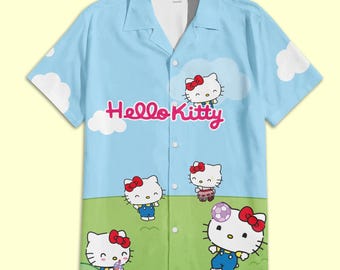 Cute Kitty Hawaiian Shirt, Hello Kitten Shirt, Birthday Gift, Kawaii Christmas Gift Shirt