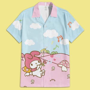 Kawaii White Bunny Hawaiian Shirt, White Rabbit with Pink hooded Shirt, Birthday Gift, Kawaii Christmas Gift Shirt