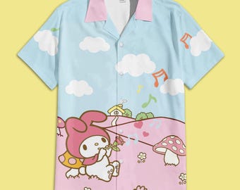Kawaii White Bunny Hawaiian Shirt, White Rabbit with Pink hooded Shirt, Birthday Gift, Kawaii Christmas Gift Shirt