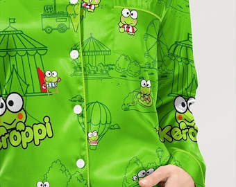 Kawaii Green Frog Satin Pajamas Set, A Little Frog Sleepwear, Cute Birthday Gift, Christmas Gift Shirt