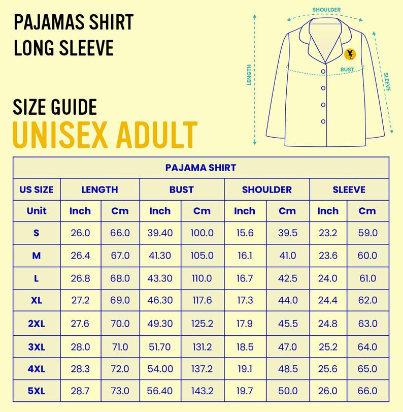 Op de afbeelding: Maattabel voor een unisex volwassen pyjamashirt met lange mouwen. De tabel toont afmetingen in cm en inches voor lengte, borst, schouder en mouw voor maten S t/m 5XL. Een diagram van het shirt is ook inbegrepen.