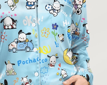 Little Puppy Kawaii Satin Pajamas Set, Kawaii Puppy Sleepwear, Cute Birthday Gift, Halloween Christmas Gift Shirt