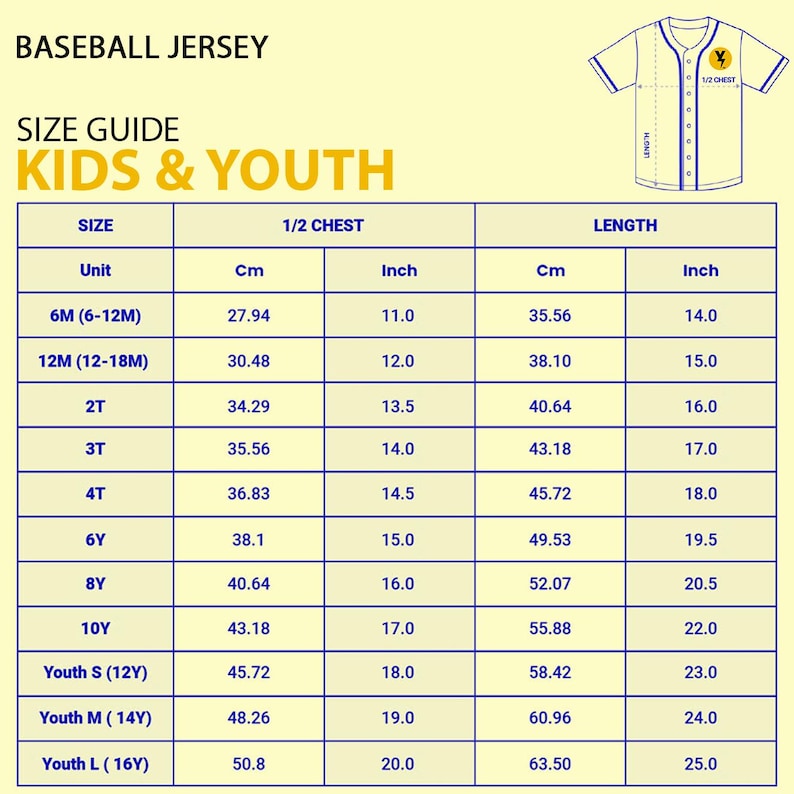 May include: A baseball jersey size guide for kids and youth. The chart shows sizes from 6 months to Youth Large (16Y), with measurements in inches and centimeters for chest and length. The jersey graphic is in the top right corner.