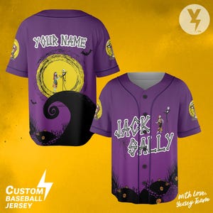 May include: Purple baseball jersey featuring a design with Jack and Sally from The Nightmare Before Christmas. The jersey has the words "Jack & Sally" on the front and "Your Name" on the back. The jersey also has a yellow moon and black bats.