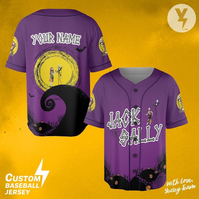 May include: Purple baseball jersey featuring a design with Jack and Sally from The Nightmare Before Christmas. The jersey has the words "Jack & Sally" on the front and "Your Name" on the back. The jersey also has a yellow moon and black bats.