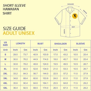 May include: A yellow short-sleeve Hawaiian shirt illustration with a size guide for adult unisex sizes. The size chart includes measurements in inches and centimeters for length, bust, shoulder, and sleeve for sizes S to 5XL.