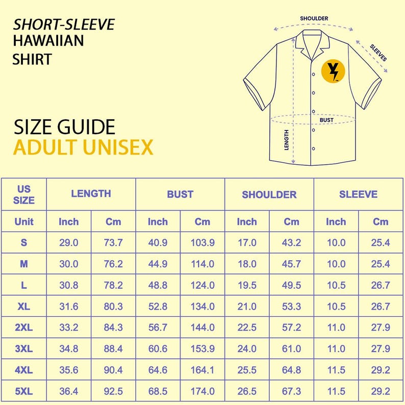 May include: A yellow short-sleeve Hawaiian shirt illustration with a size guide for adult unisex sizes. The size chart includes measurements in inches and centimeters for length, bust, shoulder, and sleeve for sizes S to 5XL.