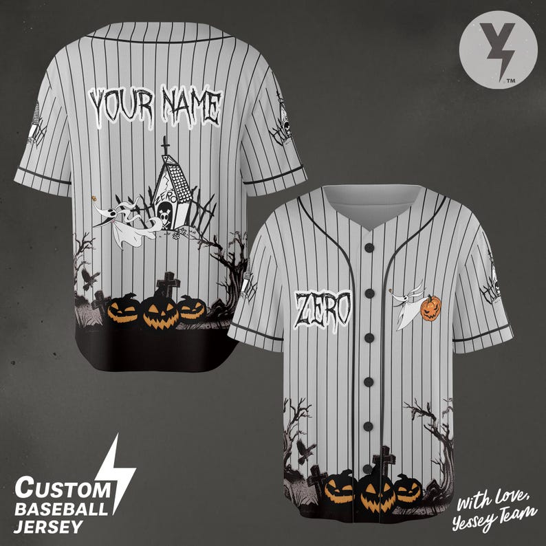 May include: Two gray baseball jerseys with black pinstripes. One jersey has "YOUR NAME" on the back and a spooky graveyard design. The other jersey has "ZERO" on the chest and a pumpkin. Both jerseys have short sleeves.