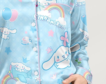 Little Fluffy Puppy Satin Pajamas Set, Japan Kawaii Sleepwear, Japan Character Shirt, Family Matching Pajamas shirt