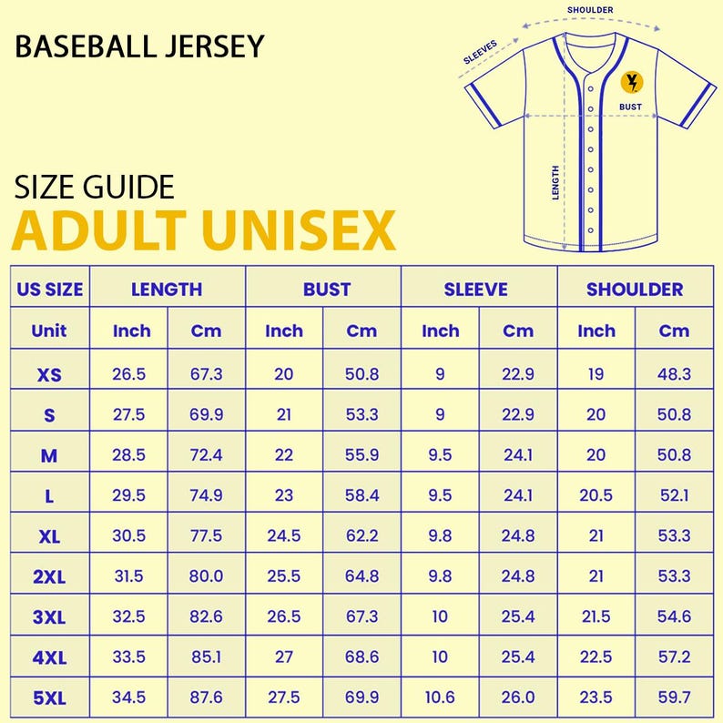May include: Baseball jersey size guide for adult unisex sizes. Includes measurements in inches and centimeters for length, bust, sleeve, and shoulder. Sizes range from XS to 5XL. A diagram of the jersey is also included.