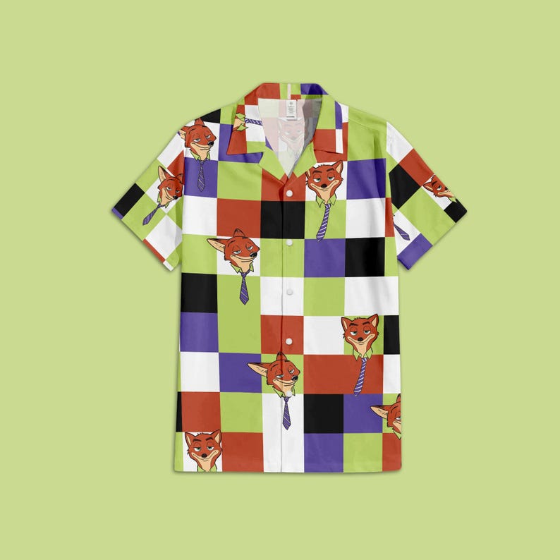 May include: Short-sleeved button-down shirt with a colorful checkerboard pattern. The squares feature a cartoon fox wearing a tie. The shirt's design includes red, green, white, black, and purple squares.