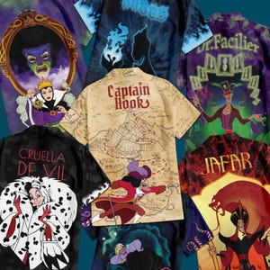 Könnte beinhalten: Eine Kollektion von kurzärmeligen Hemden mit Knopfleiste, die verschiedene Disney-Bösewichte wie die Böse Königin, Hades, Dr. Facilier, Captain Hook, Cruella de Vil und Jafar zeigen, jeweils mit charakteristischen Grafiken und Texten.