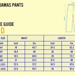 Op de afbeelding: Maattabel voor kinderpyjamabroeken. De tabel bevat Amerikaanse maten, taillematen in inches en centimeters en lengtematen in inches en centimeters. De maten vari&euml;ren van 4Y tot YM (14Y). De tekst "PAJAMAS PANTS" staat bovenaan.