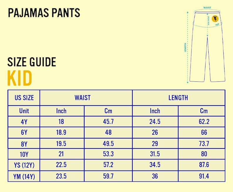 Op de afbeelding: Maattabel voor kinderpyjamabroeken. De tabel bevat Amerikaanse maten, taillematen in inches en centimeters en lengtematen in inches en centimeters. De maten vari&euml;ren van 4Y tot YM (14Y). De tekst "PAJAMAS PANTS" staat bovenaan.